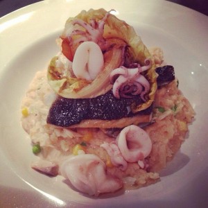 Pan fried seabass fillet & squid with roasted caulifower leaves on a bed of carbless cauliflower risotto